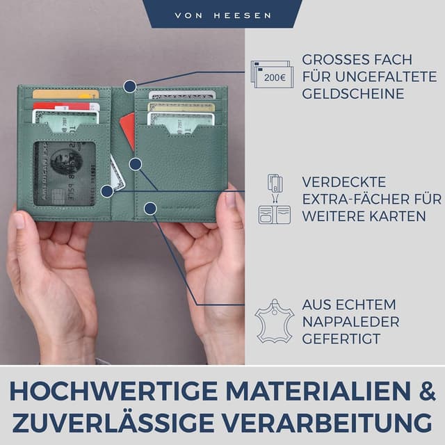 Detalle de VON HEESEN Leder-Geldbörse mit XL-Münzfach & RFID-Schutz in Türkis