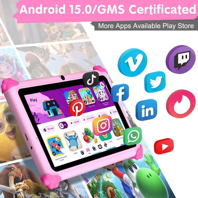 Detalle 2 de ascrecem Kinder-Tablet 7 Zoll mit Android 15, WLAN 6 und Elternkontrolle (Rosa)