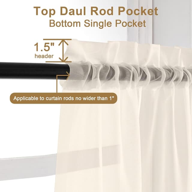 Detalle de Chyhomenyc Cream Sheer Curtains (84 Inches Long), 2 Panels Set—Light Filtering Voile Rod Pocket Drapes