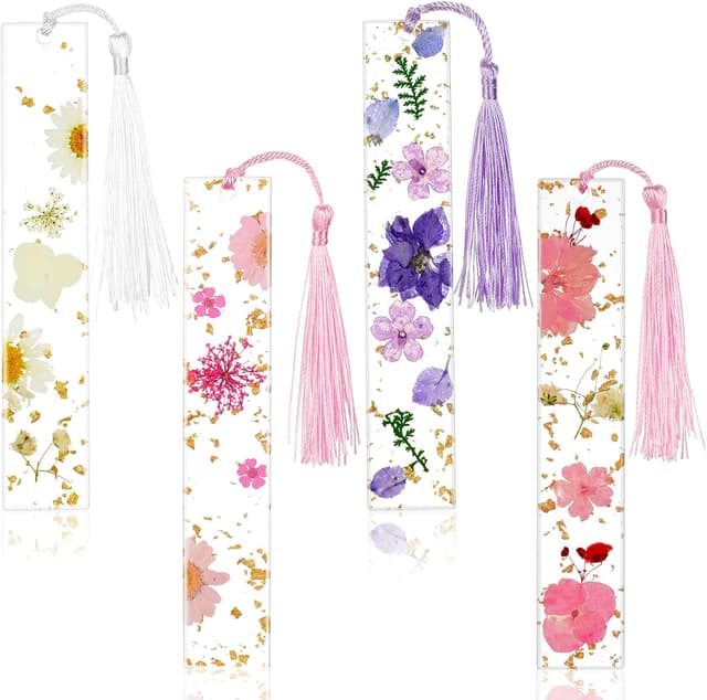 Detalle de OFFCUP Gepresste Blumen Lesezeichen aus Harz (4 Stück) mit Quaste – Lesezeichen personalisiert