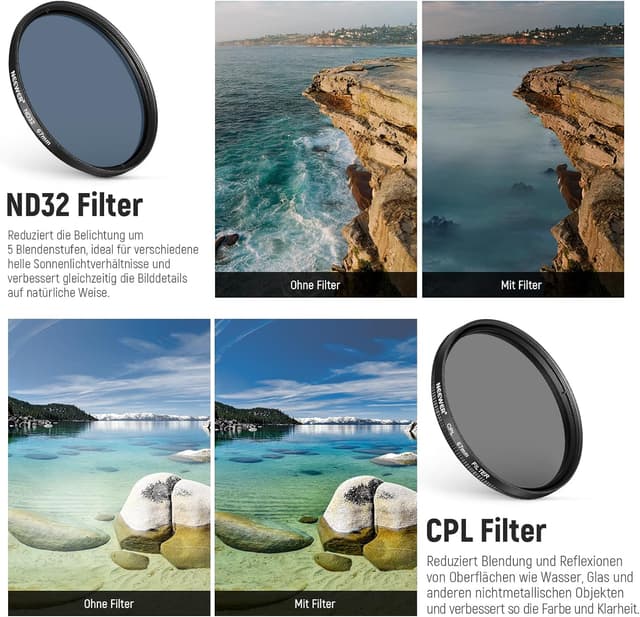 Detalle de NEEWER 67 mm ND-Filter-Kit für Smartphone-Kamera mit Cold-Shoe-Clip (CPL/ND32/6-Punkt-Stern + Farbfilter)