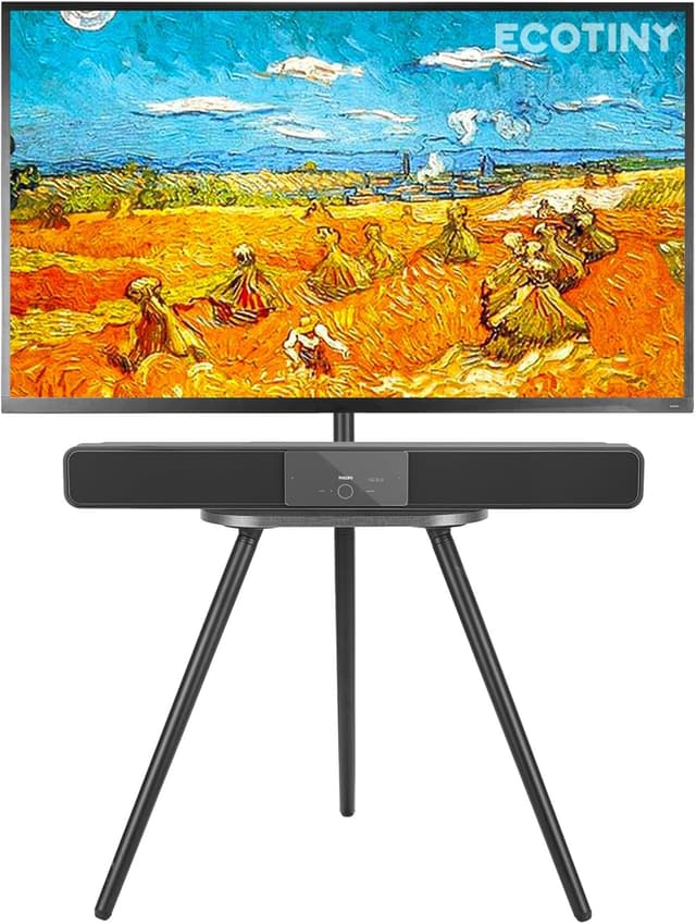 Detalle de ECOTINY Easel Tripod TV Stand (43–65 inch) with Swivel & 7-Stage Height Adjustment and Wooden Tray