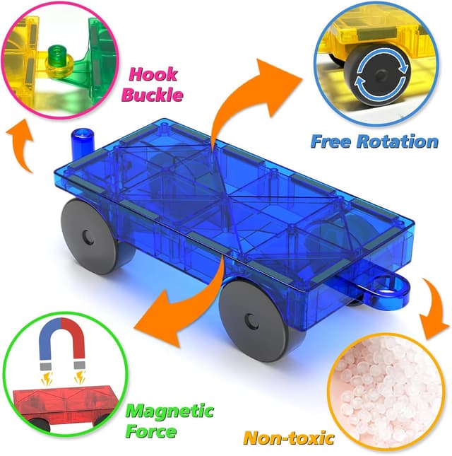 Detalle de Magnetic Tiles Cars Construction Set (4 PCS) — Magnetic Car Bases for Kids Ages 4–8