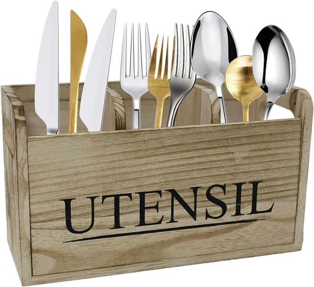 Detalle de Gzsekken Rustic Kitchen Utensil Holder (Large, 3 Compartments) with Drainage Bottom, Brown
