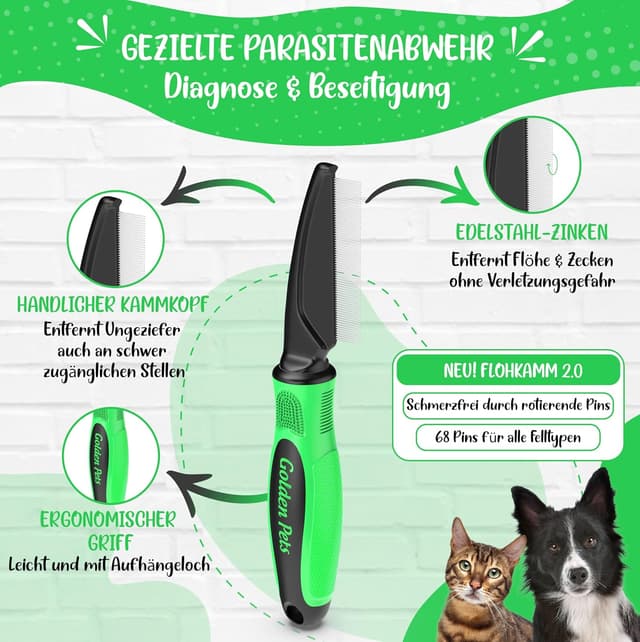 Detalle de Golden Pets Flohkamm mit rotierenden Zinken – Läuse-, Floh- und Staubkamm für Hunde & Katzen