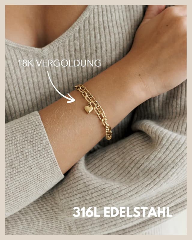 Thumbnail 3 de GD GOOD.designs Armband Herz für Damen – verstellbare Mehrreihen-Charmkette mit 18K-Goldüberzug (14,5–19,5 cm)