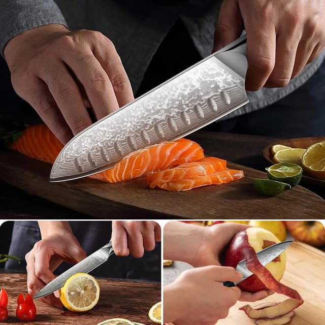 Detalle de Home Safety 3er Damastmesser-Set (Santoku, Allzweck- und Obstmesser) mit G10-Griffen