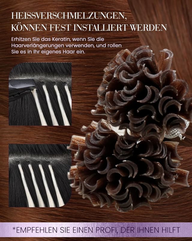 Detalle de LaaVoo Bonding Extensions aus Echthaar mit Keratin, Rotbraun (Pre-Bonded #33), 35 cm