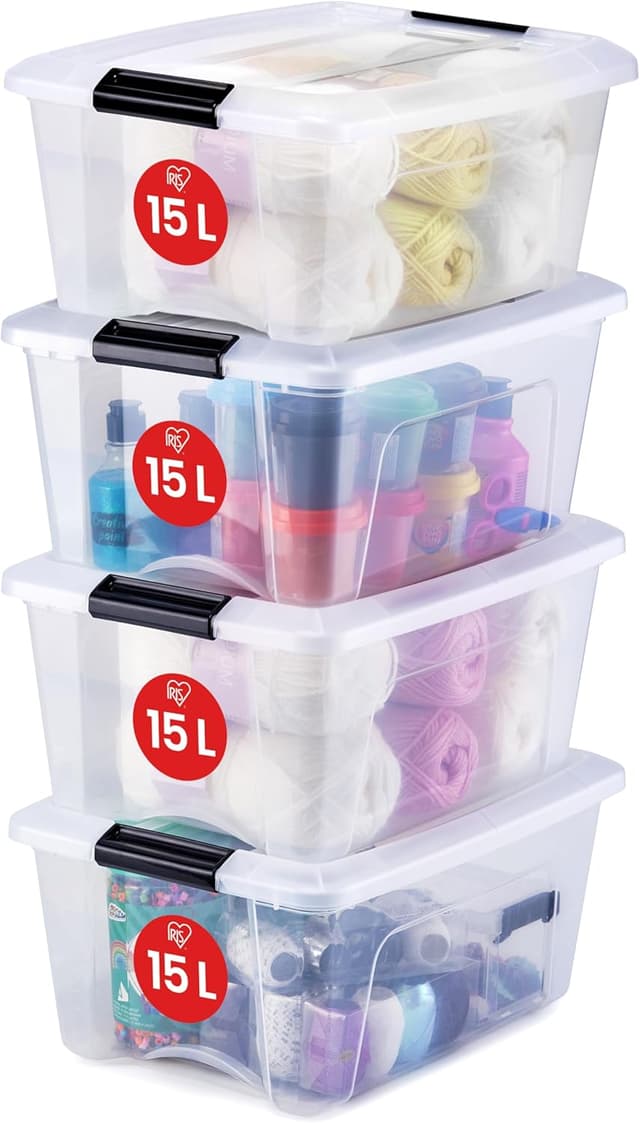 Detalle de Iris Ohyama NTB-15 Aufbewahrungsboxen mit Deckel (15 l), transparentes 4er-Set
