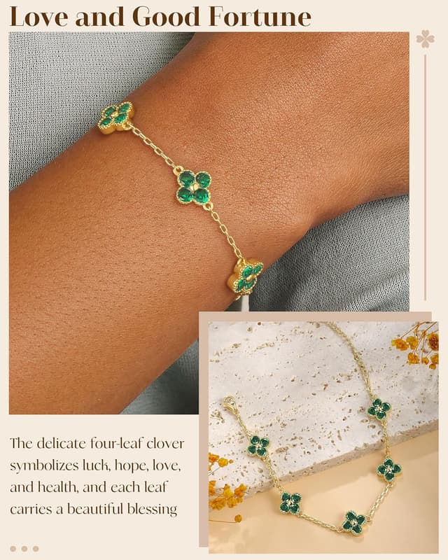 Detalle 2 de ZNBOH Kleeblatt-Armband für Damen, 18K vergoldet, mit Geburtsstein und Zirkonia