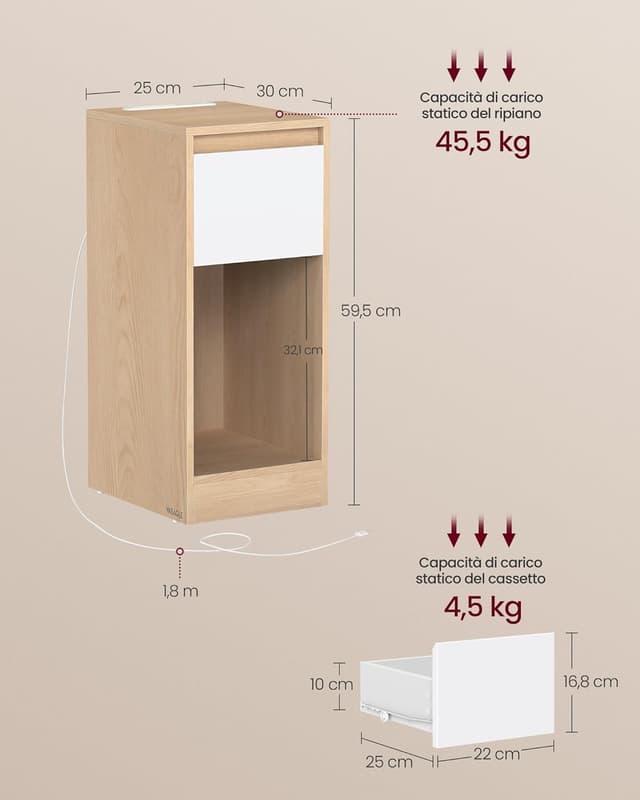 Thumbnail 2 de VASAGLE Comodino Stretto LED USB