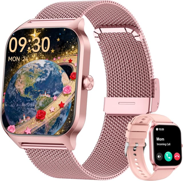 Detalle de Popglory Smartwatch mit Telefonfunktion (Herren & Damen) – Fitnessuhr mit 1,85" HD-Display, Blutdruck, SpO2 & mehr