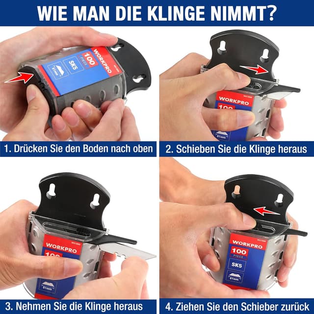 Detalle de WORKPRO Trapezklingen Set (100-tlg.) SK5-Stahl, 0,6 mm Klingenstärke – Ersatzklingen im Spender