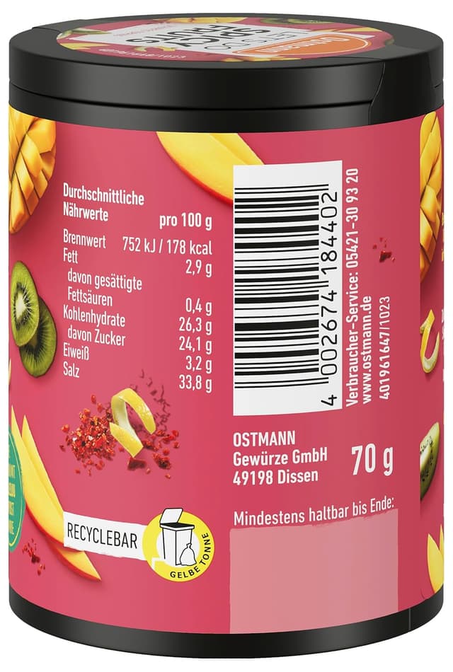 Detalle de Ostmann Gewürze „Let’s Do Spicy Fruits“ – Würzmischung für scharfes Obst-Topping mit Chili & Pfeffer, 70 g