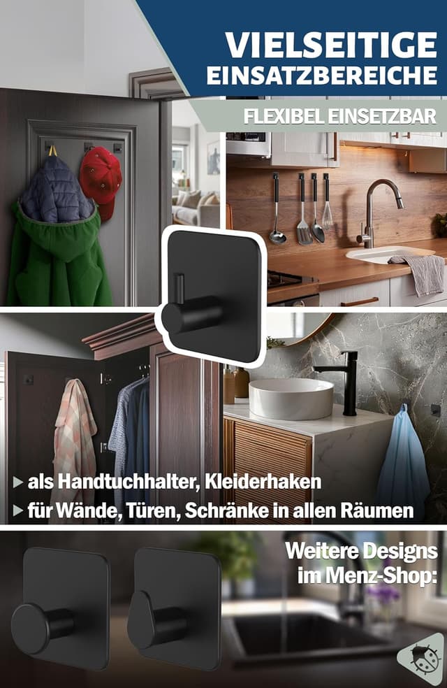 Thumbnail 5 de Menz portasciugamani nero senza foratura: set di 4 ganci adesivi in acciaio inox