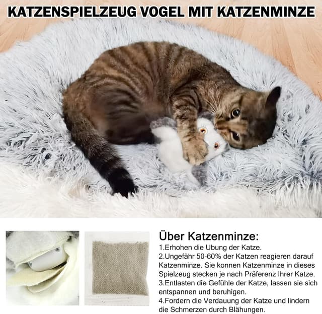 Detalle de Nepfaivy interaktives Katzenspielzeug Vogel – automatisch mit Berührungssensor, Katzenminze & USB-Akku