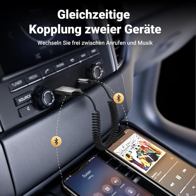 Detalle 2 de UGREEN Bluetooth Aux Adapter Auto 6.0 (Klinke) mit Mikrofon – Empfänger für Freisprechen und Wireless Musik