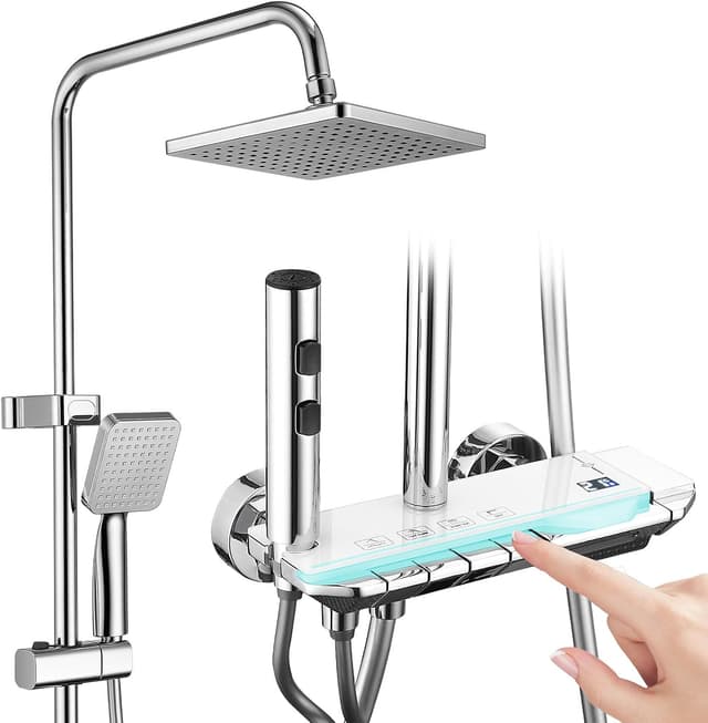 Detalle de HOMELODY Duscharmatur Komplettset mit Regendusche, Glasablage und Klaviertasten (4 Strahlarten)