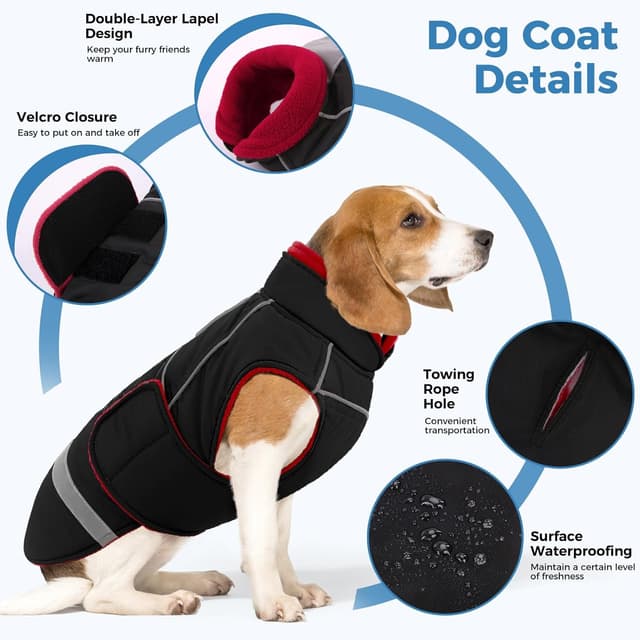 Detalle 2 de CITÉTOILE Hundejacke mit Klettverschluss – reflektierend, Führungsöse & wärmender Kragen (Schwarz, XS)