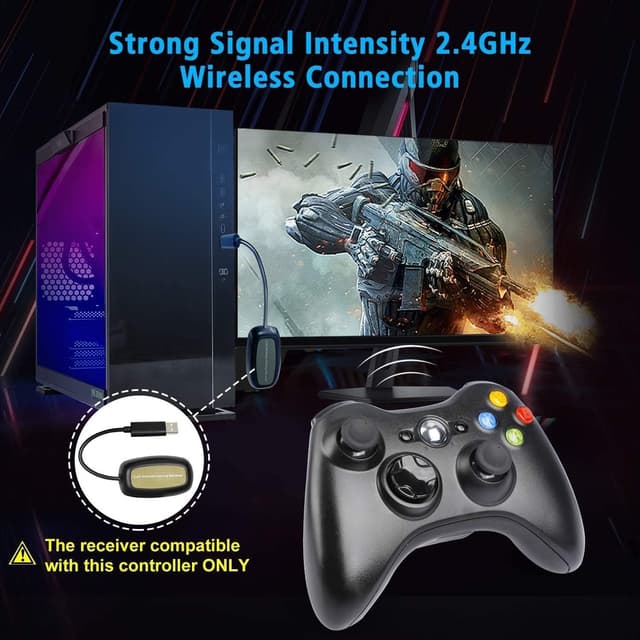 Detalle de YCCSKY Wireless Controller für Xbox 360 (2,4 GHz) mit USB-Receiver-Adapter – Dual-Vibration Gamepad für Xbox 360 & PC (Schwarz)