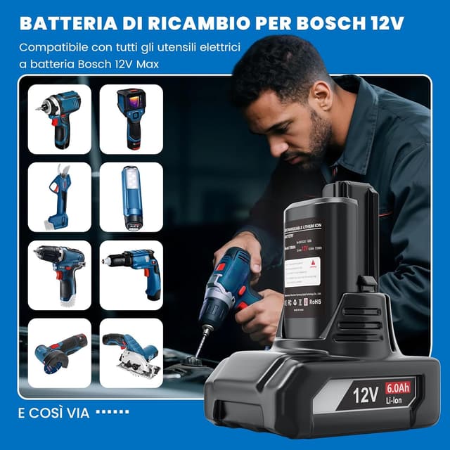 Detalle de HTongD Batteria di ricambio 12 V 6,0 Ah agli ioni di litio (2 pezzi) compatibile con Bosch BAT420 e serie 12V