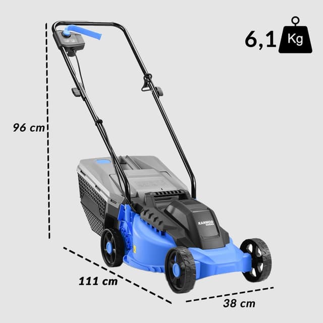 Detalle de KANWOD Tagliaerba Elettrico 1200 W: larghezza di taglio 32 cm, cesto 30 L, 3 altezze 30–70 cm