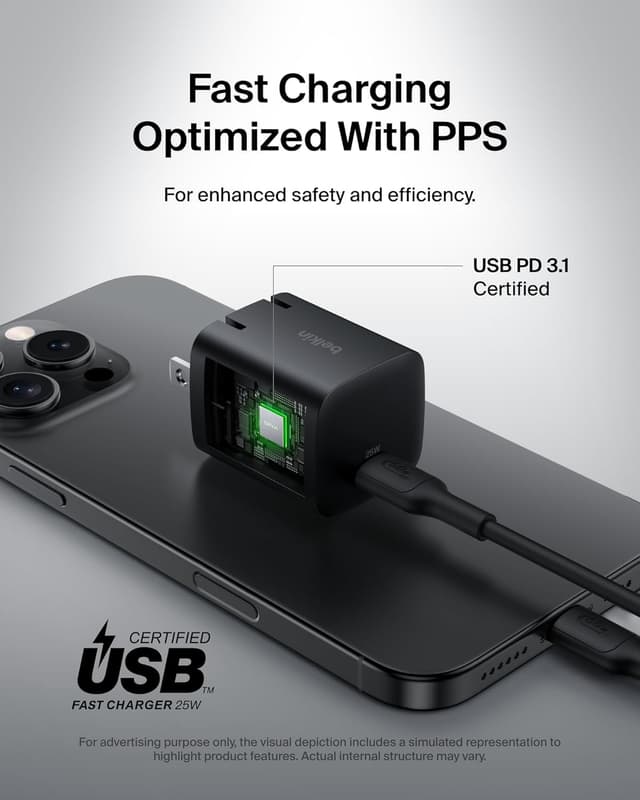 Detalle 2 de Belkin USB-C Charger Block 25W with USB-C Cable Included (USB Power Delivery 3.0, PD PPS) – Black