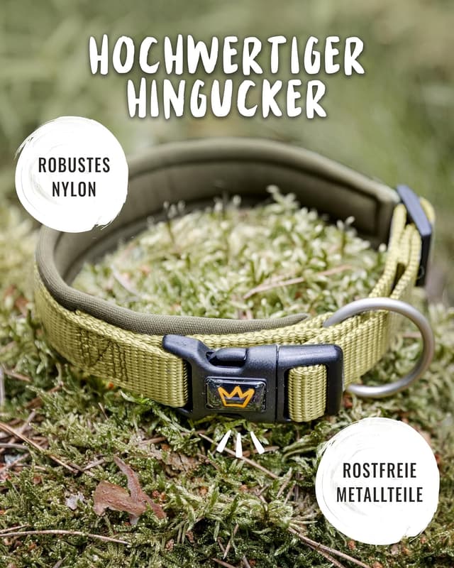 Detalle de Rudelkönig Hundehalsband Bella – verstellbares Nylon-Halsband für große Hunde in Khaki