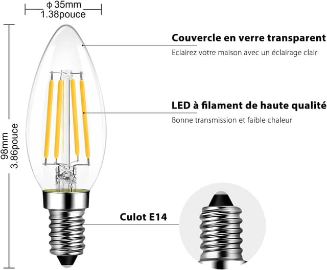 Detalle 1 de Lot de 12 ampoules LED filament LVWIT 4W C35 E14 (blanc chaud 2700K) – équivalent halogène 40W, 470 lumens
