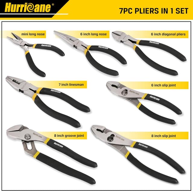Detalle de HURRICANE 7-Piece Pliers Set (8-inch Groove Joint, Slip Joint, Linesman, Diagonal, Long Nose, Mini Long Nose)