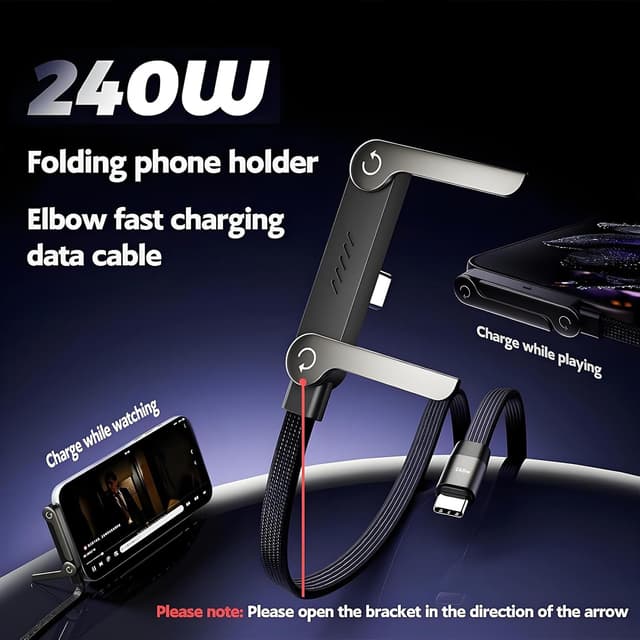 Detalle de Baomaeyea 2-in-1 Invisible Holder Charger Cable (240W fast charging, 5ft) with foldable 360° stand