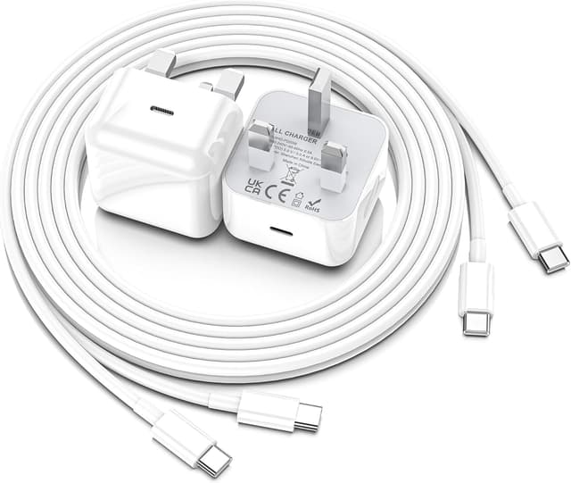 Detalle de 2-Pack 20W USB-C PD Charger with 2m C-to-C Cables for iPhone 17/16/15 & iPad (White)