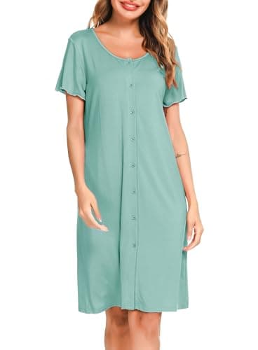 Detalle de Lovasy camisón de lactancia de verano con botones y bolsillos, manga corta (verde claro)