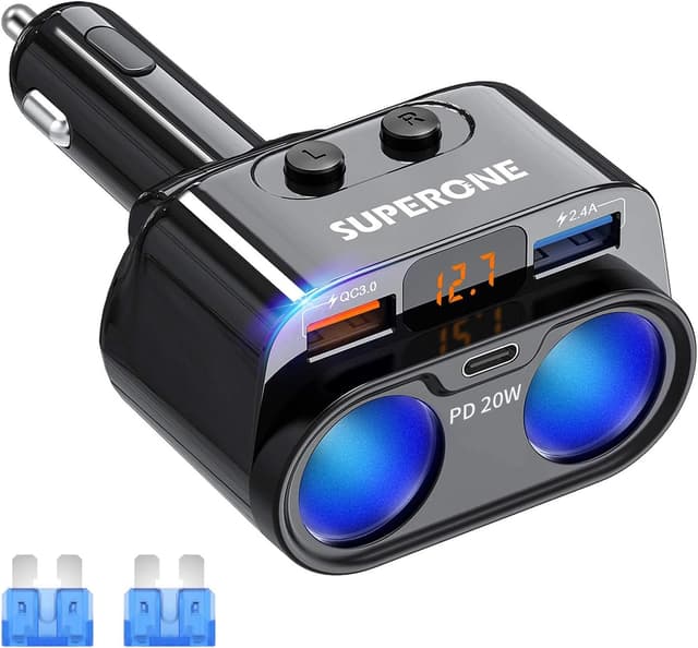 Detalle de SUPERONE 200W 2-Socket Car Charger with PD 20W 🔌