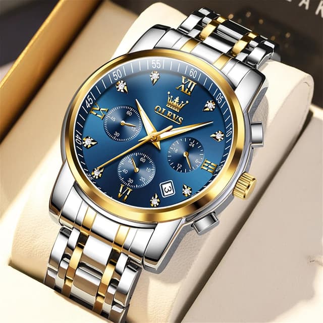 Detalle de OLEVS Men’s Chronograph Watch (Gold & Silver Stainless Steel) – Analog Quartz with Waterproof Dial