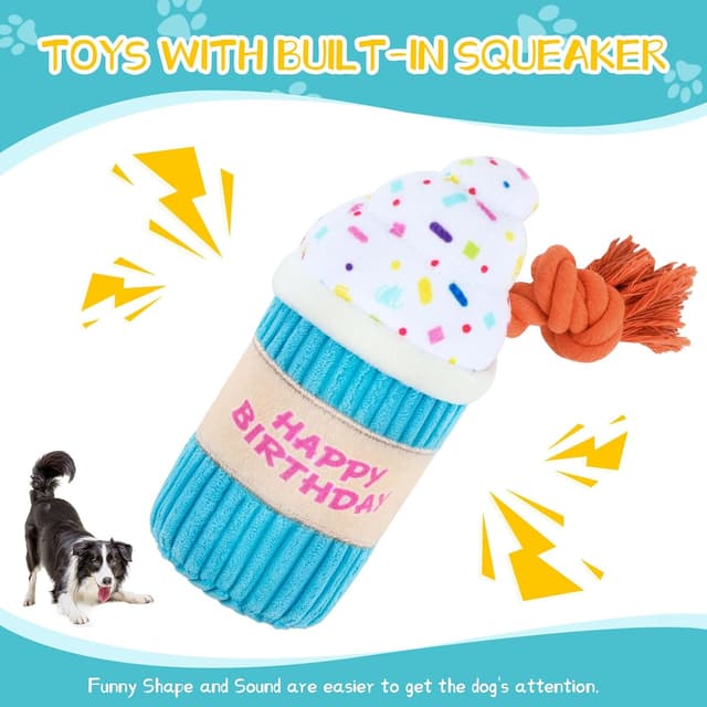 Detalle de La Desire Birthday Balloon Dog Toy with Rope Leg (ice cream) – soft plush squeaker for tug & light chewing