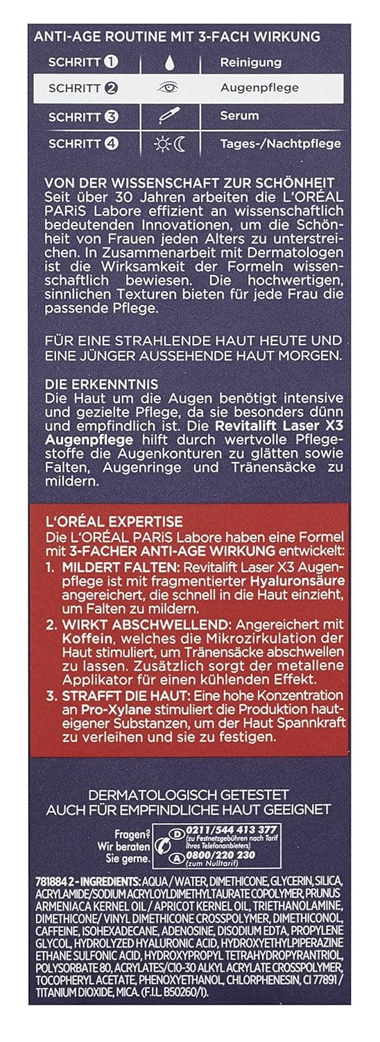 Detalle de L’Oréal Paris Revitalift Laser X3 Augenpflege mit 3-fach Wirkung – Anti-Aging Augencreme (Hyaluronsäure, 3% Pro-Xylan), 15 ml (Packung mit 2)
