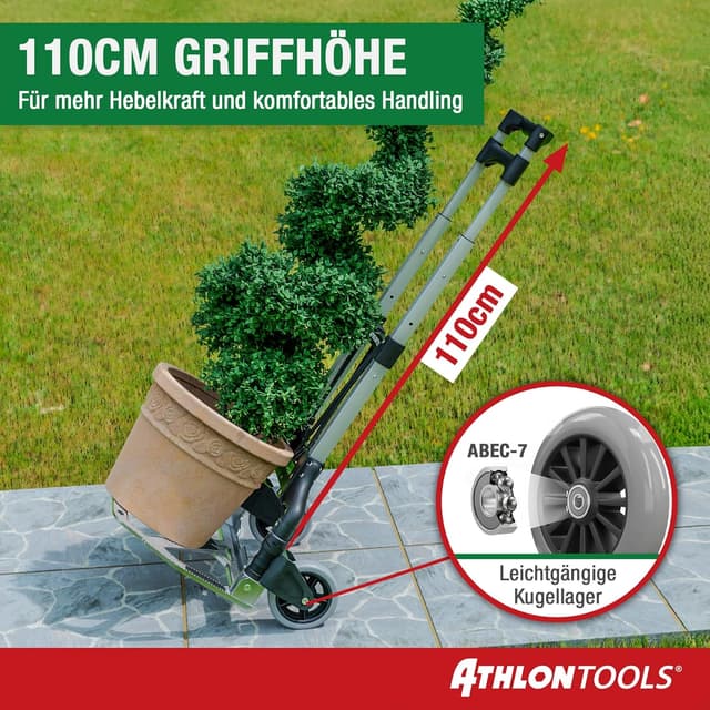 Detalle de ATHLON TOOLS Aluminium Transportkarre klappbar mit langem Teleskopgriff (110 cm) – TÜV geprüft