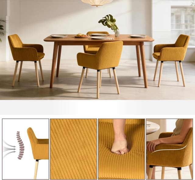 Detalle 2 de MEUBLE COSY set di 2 sedie da pranzo scandinave in velluto a coste giallo con braccioli e gambe in legno massello