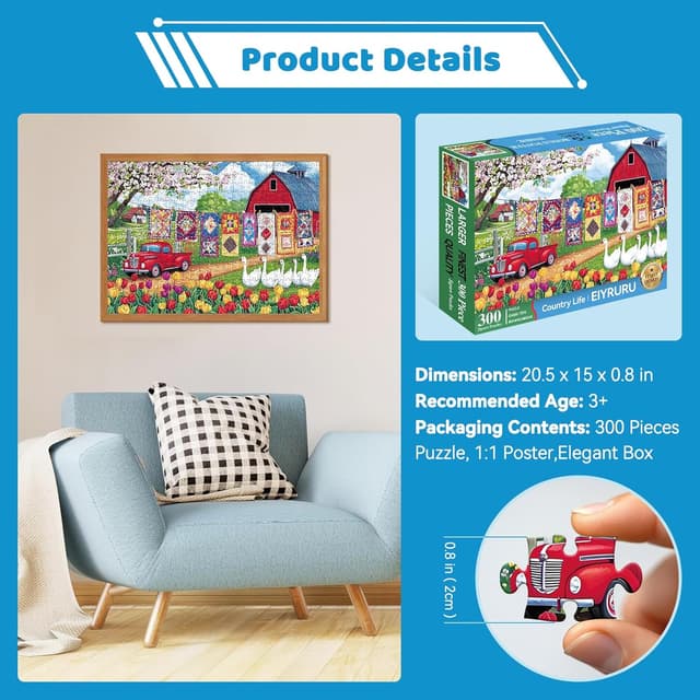 Detalle 2 de 300 Piece Jigsaw Puzzle for Adults – Spring Farmyard Delight with Quilts & Tulips (20.5" × 15")