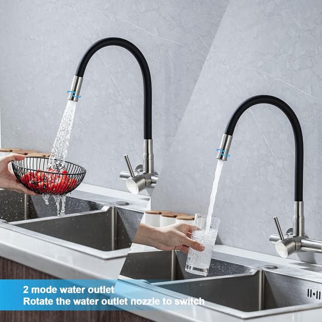 Detalle 2 de LakeBayMZC Rubinetto da cucina a montaggio a parete in acciaio inox 304, nero con 2 tipi di getto e flessibile
