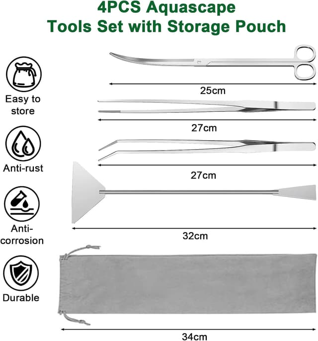 Detalle 2 de Houbobo 4PCS Aquascape Tools Aquarium Kit (stainless steel) for plant trimming, algae scraping and substrate tidying