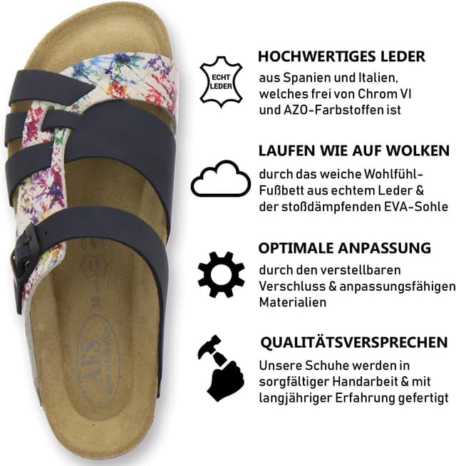 Detalle de AFS-Schuhe Damen-Pantoletten aus echtem Leder mit verstellbarer Schnalle – gepolstertes Fußbett für Alltag & Haus