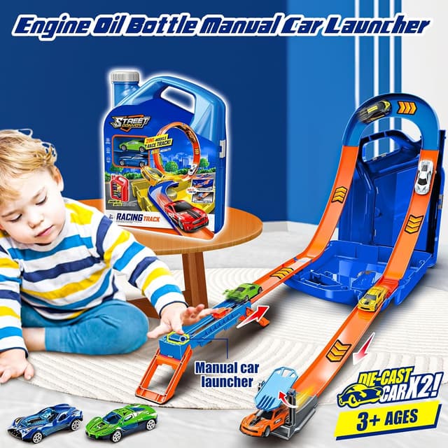 Detalle de Race Track Toy Car Set with 2 Race Cars and 2-in-1 Transformable Tracks (Blue) with Storage Box