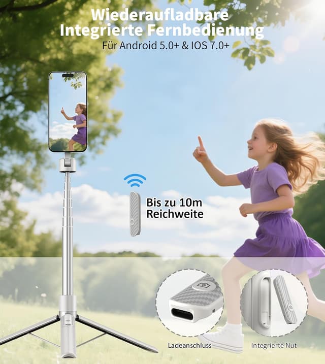 Detalle de TONEOF 173 cm magnetischer Selfie-Stick mit Stativ, ausziehbarer Aluminium-Handyhalter (MagSafe-kompatibel) inkl. Fernbedienung