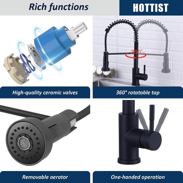 Detalle 2 de HOTTIST Sink Mixer Tap with Pull Down Sprayer, Spring Kitchen Faucet in Black (Single Lever, 360° swivel, 2-spray mode)