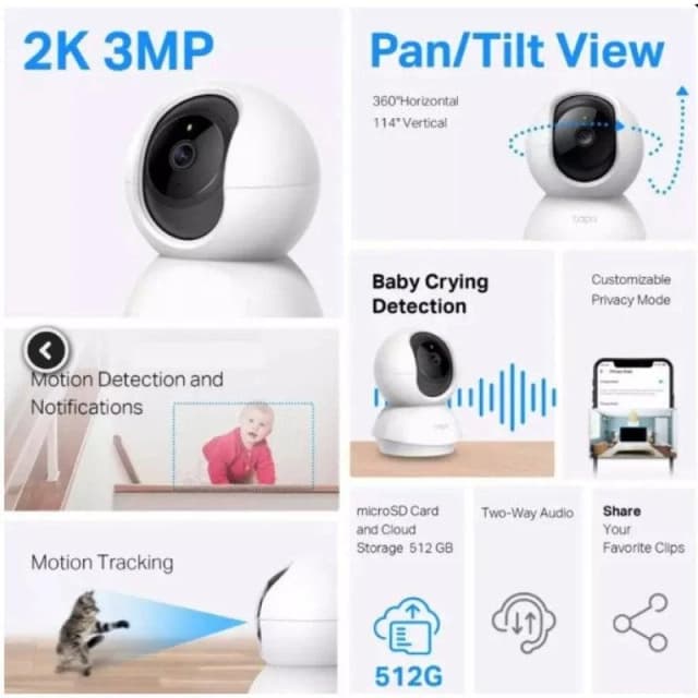 Detalle de TP Link Tapo Cámara de Vigilancia IP 360º 2K 3MP 2K QHD+3MP INDOOR V2