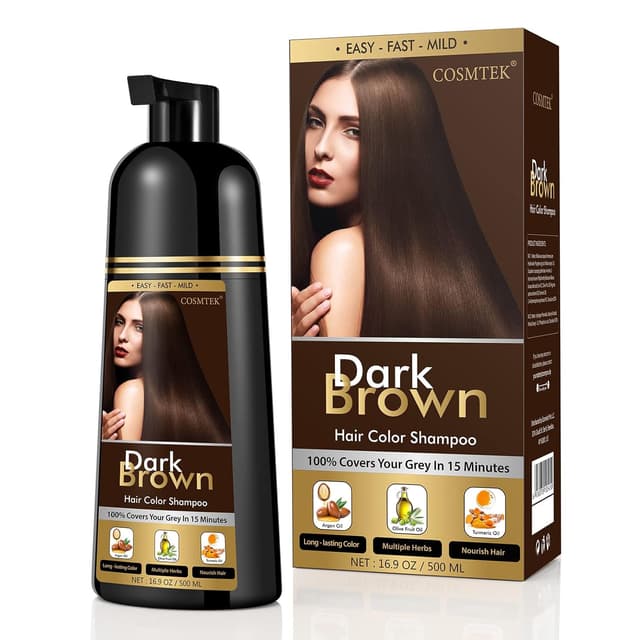 Detalle de COSMTEK Dark Brown Hair Dye Shampoo (Ammonia-Free, 3-in-1) for Men & Women — 500ml