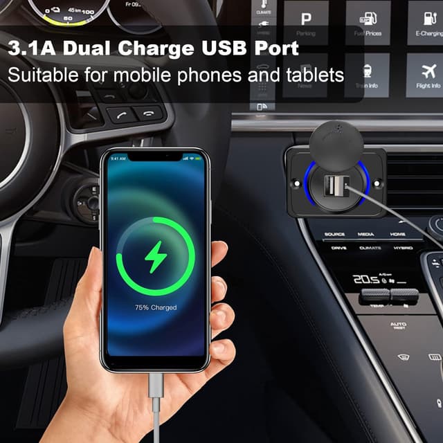 Detalle de Libershine Car USB Charger (Dual USB, 3.1A) 12-24V Waterproof Charging Panel for Motorcycles, Marine, Trucks & RVs