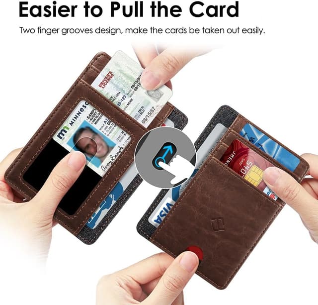 Detalle de FINTIE Flache Geldbörse Kartenetui RFID-Blocker Slim mit ID-Fenster – Braun (12 x 8,5 x 0,5 cm)